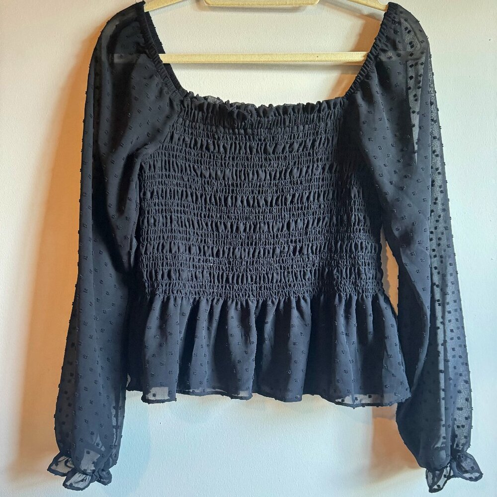 Moa Moa - Black Peplum top with Sheer Polka Dot Puff Sleeves - Size M